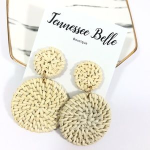 Rattan Woven Circle Lightweight Cream Earrings